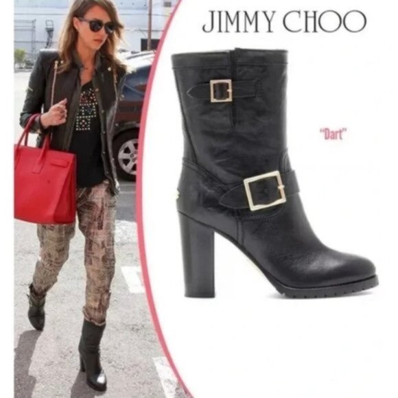 Jimmy Choo Dart Biker Buckle Black Leather Combat Boot Women Size 37.5 - Picture 11 of 13